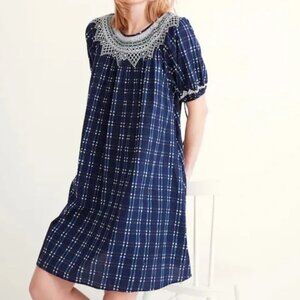 Madewell Embroidered Puff-Sleeve Babydoll Dress in Indigo Plaid, Size S
